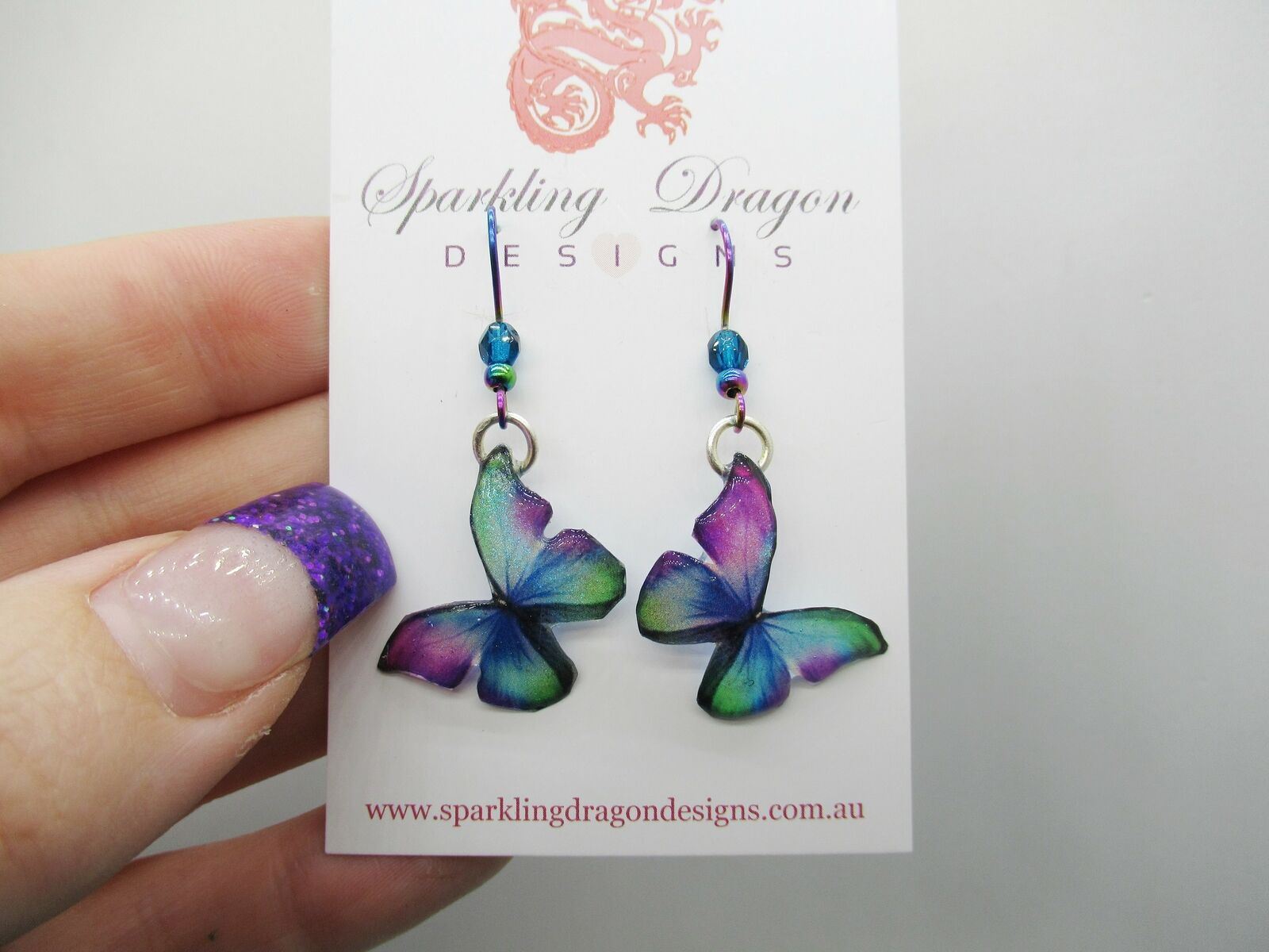 Butterfly Earrings Green, Blue, Purple with Bead - Fairy Party Jewellery - Image 5