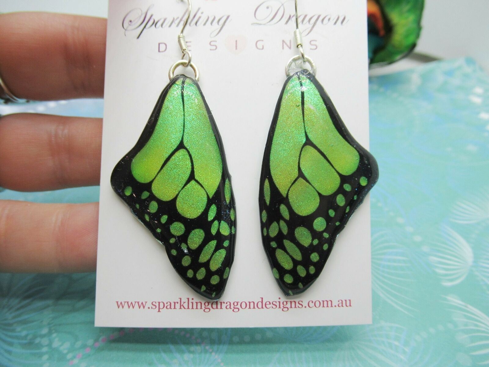 Butterfly Wing Medium Size Earrings Lime Green Stained Glass Fairytale Jewellery - Image 2
