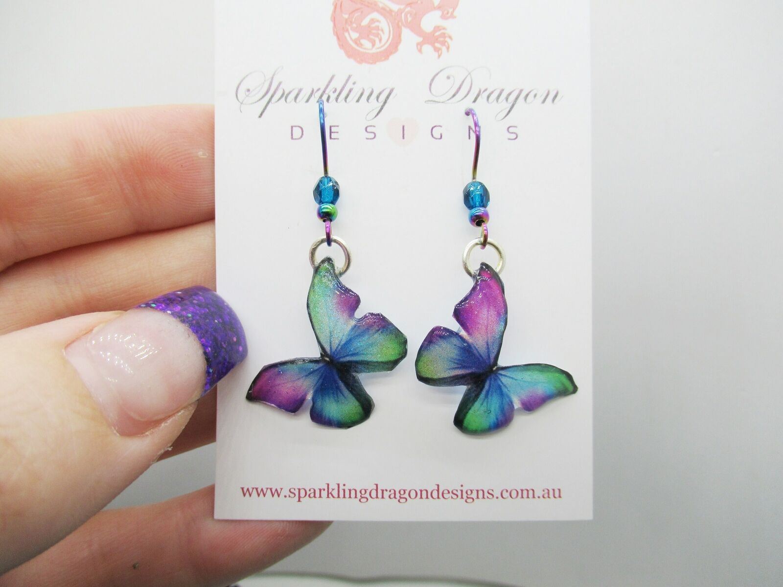 Butterfly Earrings Green, Blue, Purple with Bead - Fairy Party Jewellery - Image 6