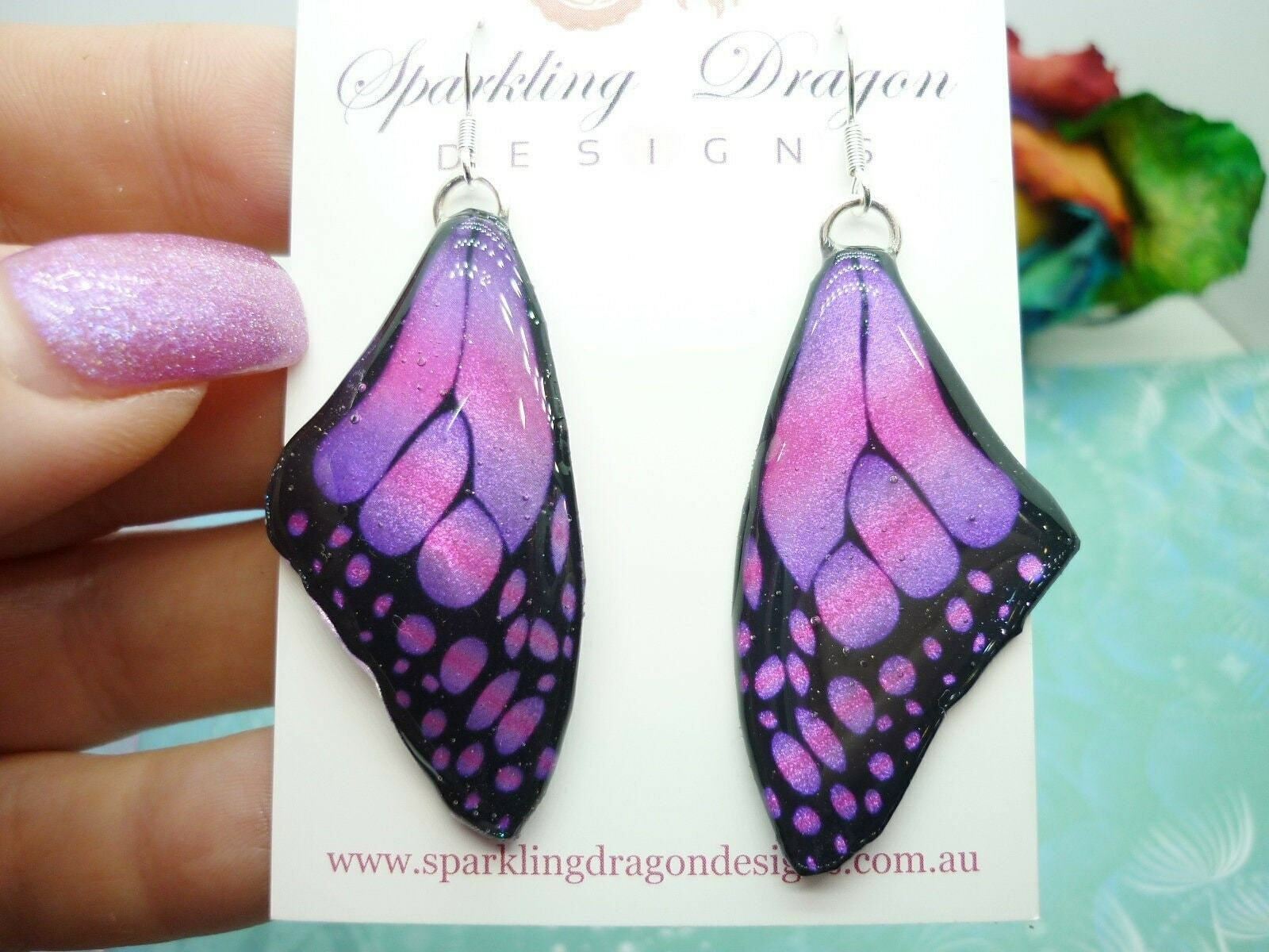 Butterfly Wing Medium Size Earrings Soft Pink Stained Glass- Fairy Jewellery