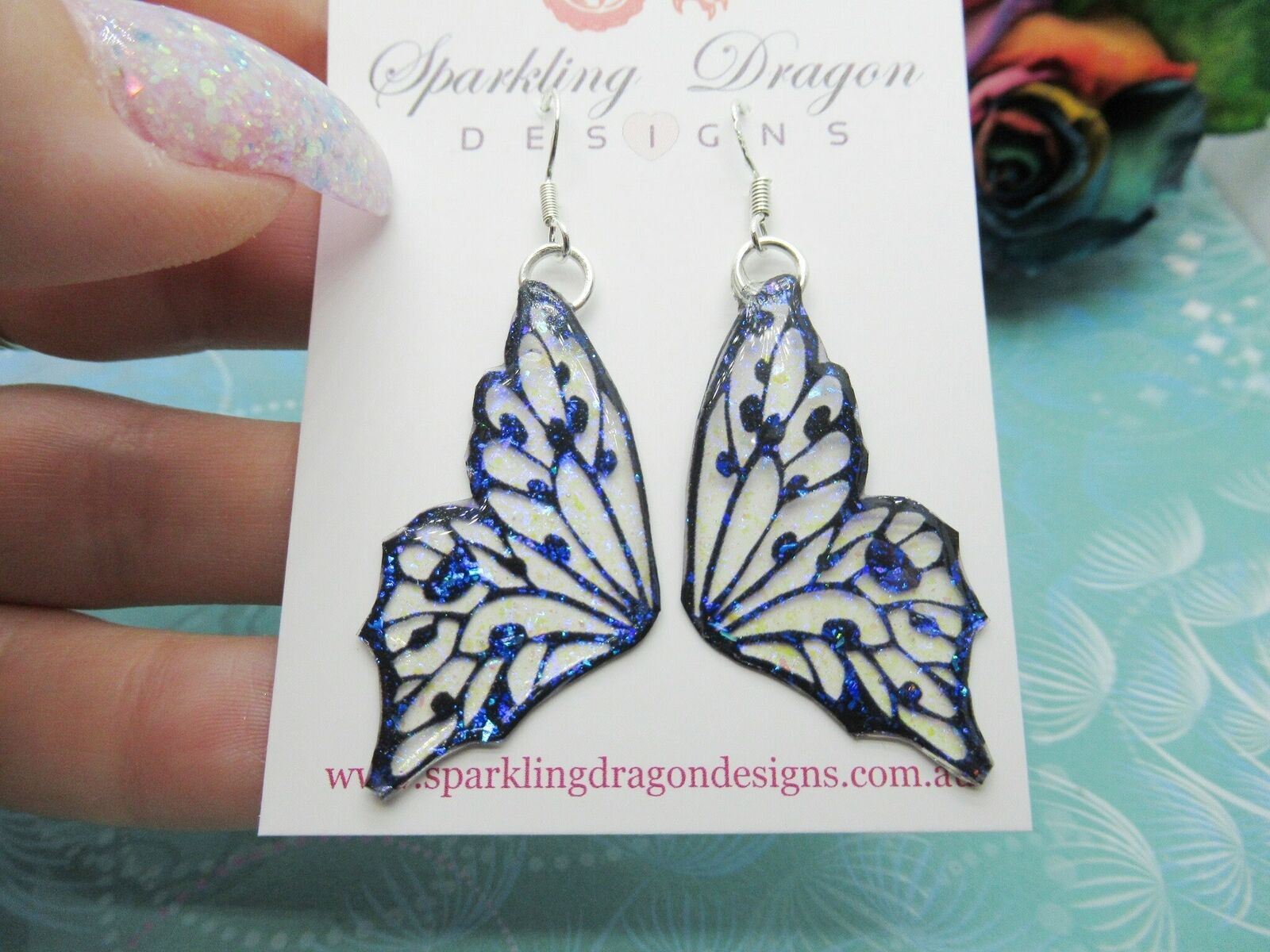 Blue & Yellow Butterfly Double Wing Earrings Shimmery Colour Shift Fairytale