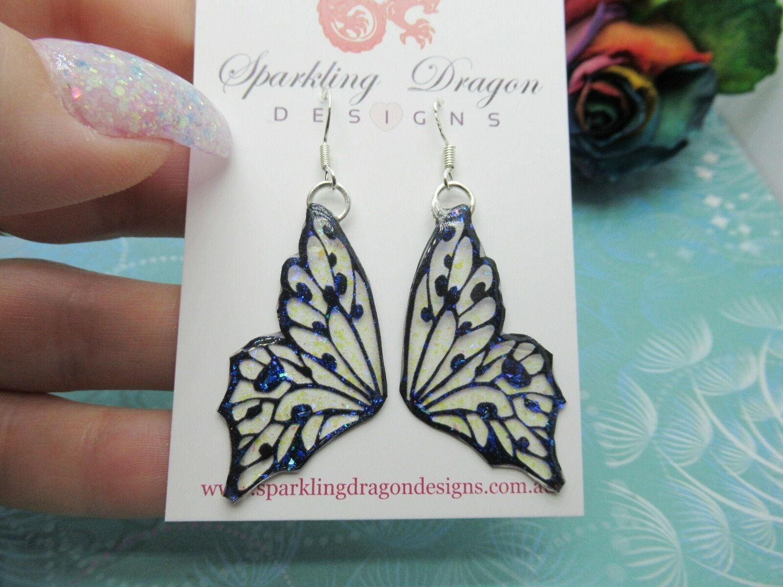 Blue & Yellow Butterfly Double Wing Earrings Shimmery Colour Shift Fairytale - Image 2