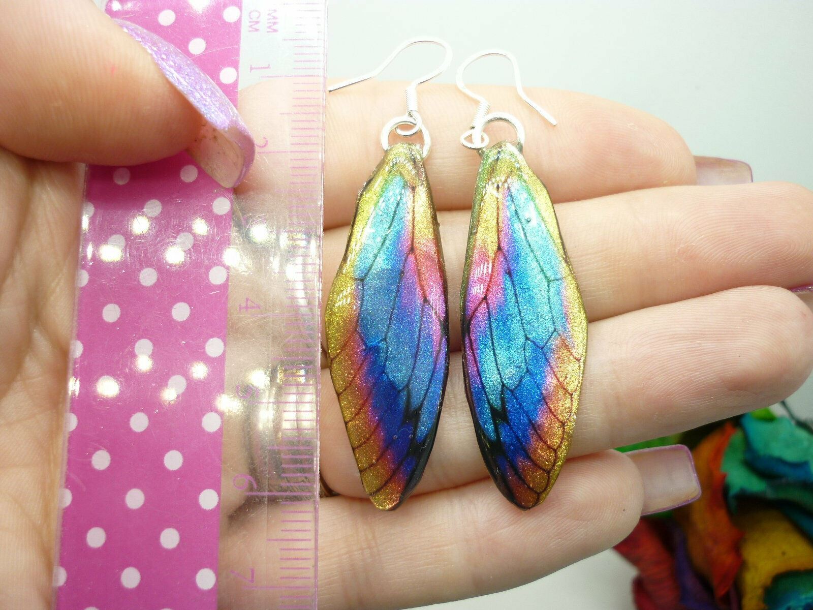 Blue Yellow Dragonfly Butterfly Wing Earrings - Fairy Faerie Jewellery - Image 5