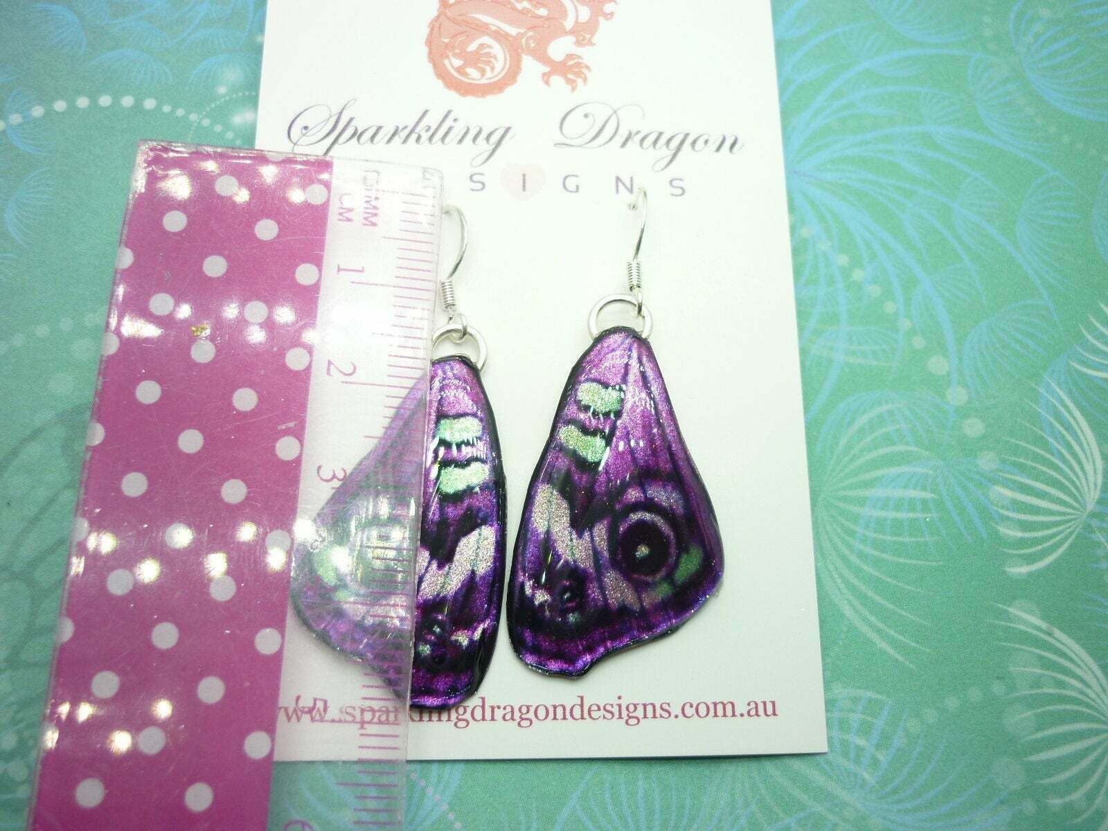 Butterfly Wing Medium Earrings Purple Green - Fairy Jewellery - Image 4