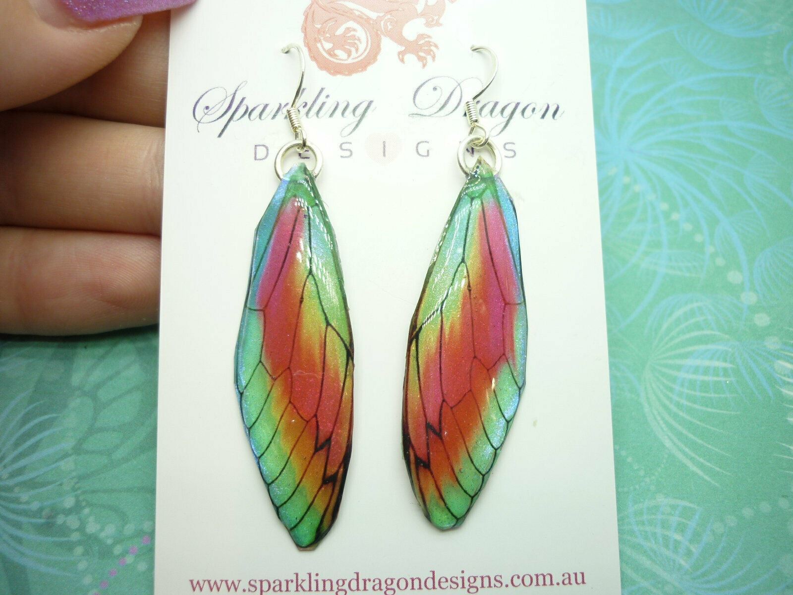Butterfly Wing Green &Rainbow Earrings - Fairy Jewellery Cosplay enchanting
