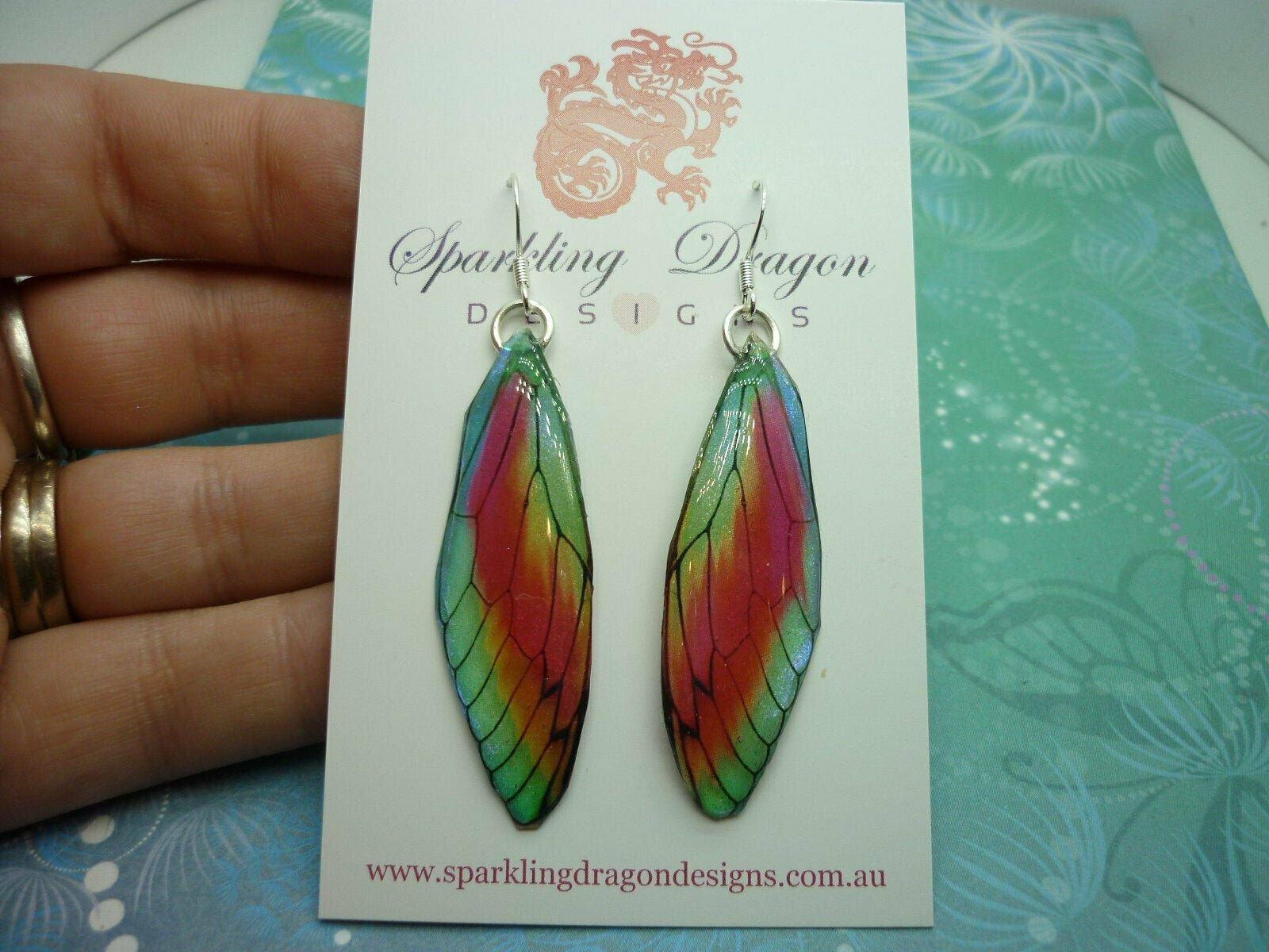 Butterfly Wing Green &Rainbow Earrings - Fairy Jewellery Cosplay enchanting - Image 2