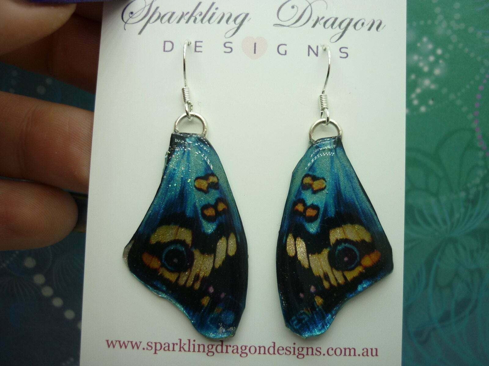 Butterfly Wing Medium Earrings Blue & Yellow - Fairy Jewellery Teacher Gift - Image 2