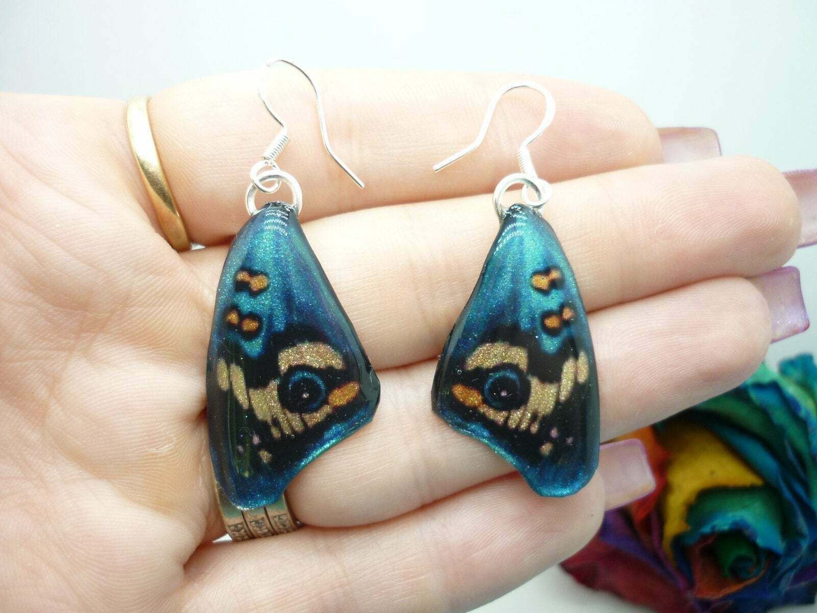 Butterfly Wing Medium Earrings Blue & Yellow - Fairy Jewellery Teacher Gift - Image 3