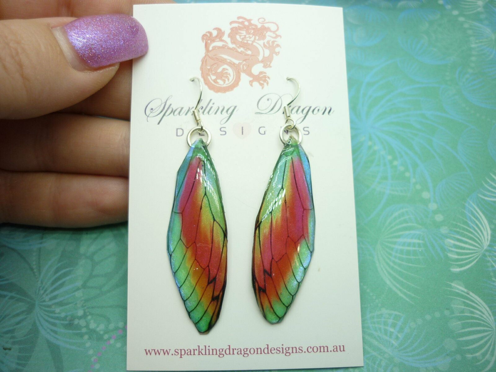 Butterfly Wing Green &Rainbow Earrings - Fairy Jewellery Cosplay enchanting - Image 3