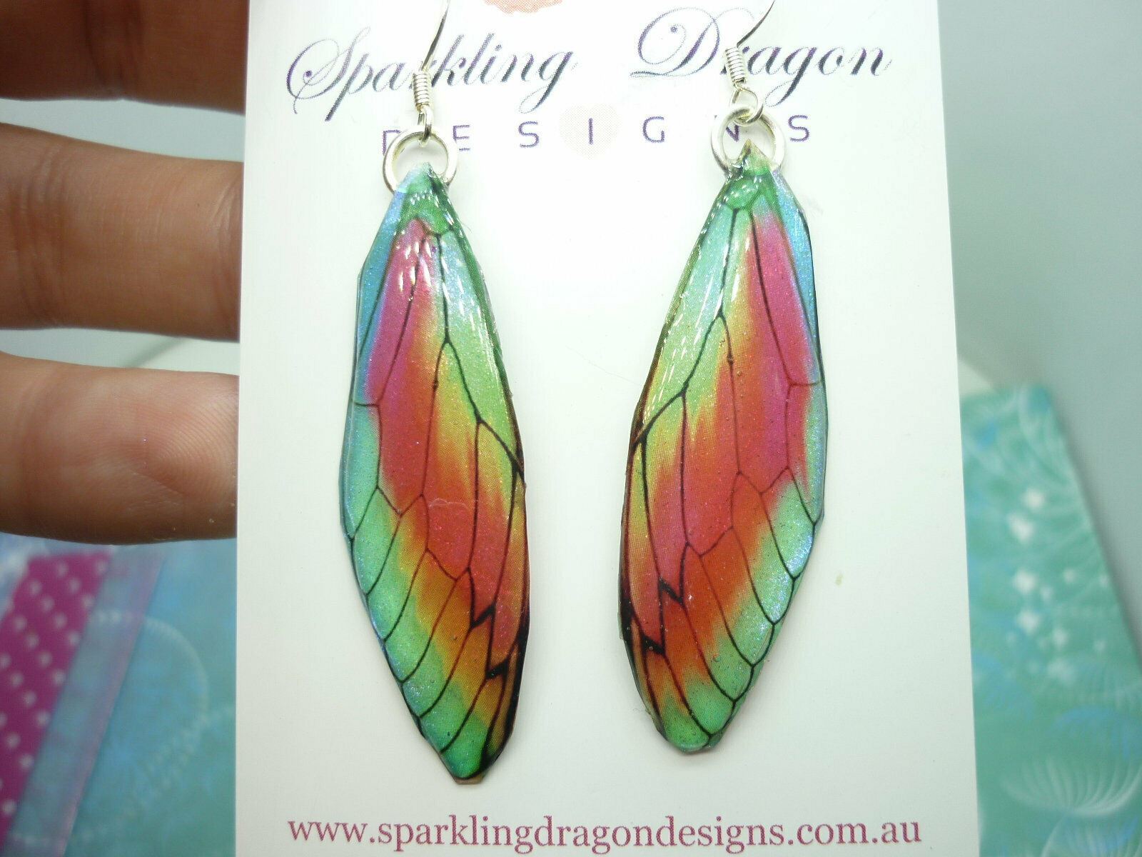 Butterfly Wing Green &Rainbow Earrings - Fairy Jewellery Cosplay enchanting - Image 4