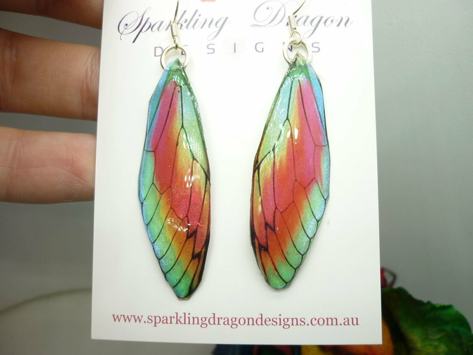 Butterfly Wing Green &Rainbow Earrings - Fairy Jewellery Cosplay enchanting - Image 5