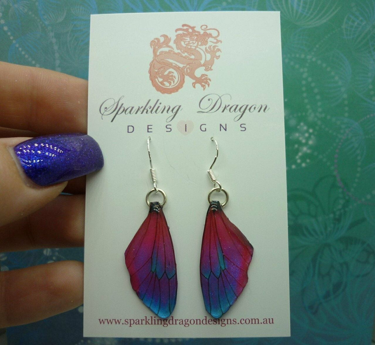 Butterfly Wing Earrings Red, Pink, Purple & Blue- Fairy Jewellery - Image 2