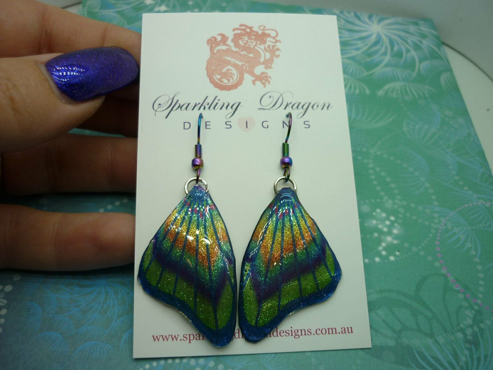 Butterfly Wings Earrings Sparkling Blue & Green - Fairy Jewellery