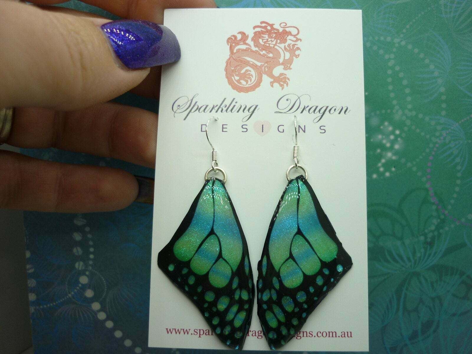 Butterfly Wing Medium Size Earrings Soft Blue Stained Glass- Fairy Jewellery - Image 2