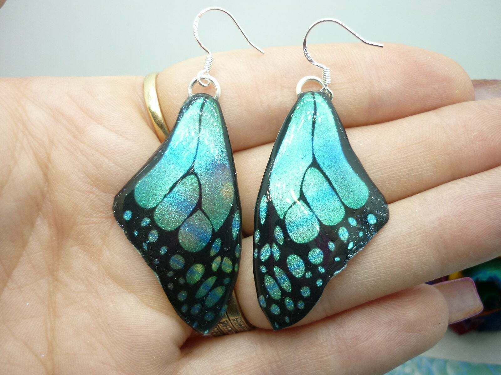 Butterfly Wing Medium Size Earrings Soft Blue Stained Glass- Fairy Jewellery - Image 3