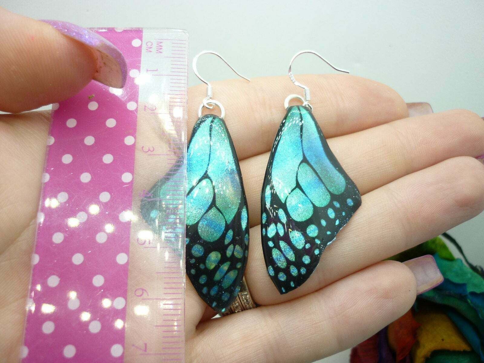 Butterfly Wing Medium Size Earrings Soft Blue Stained Glass- Fairy Jewellery - Image 4