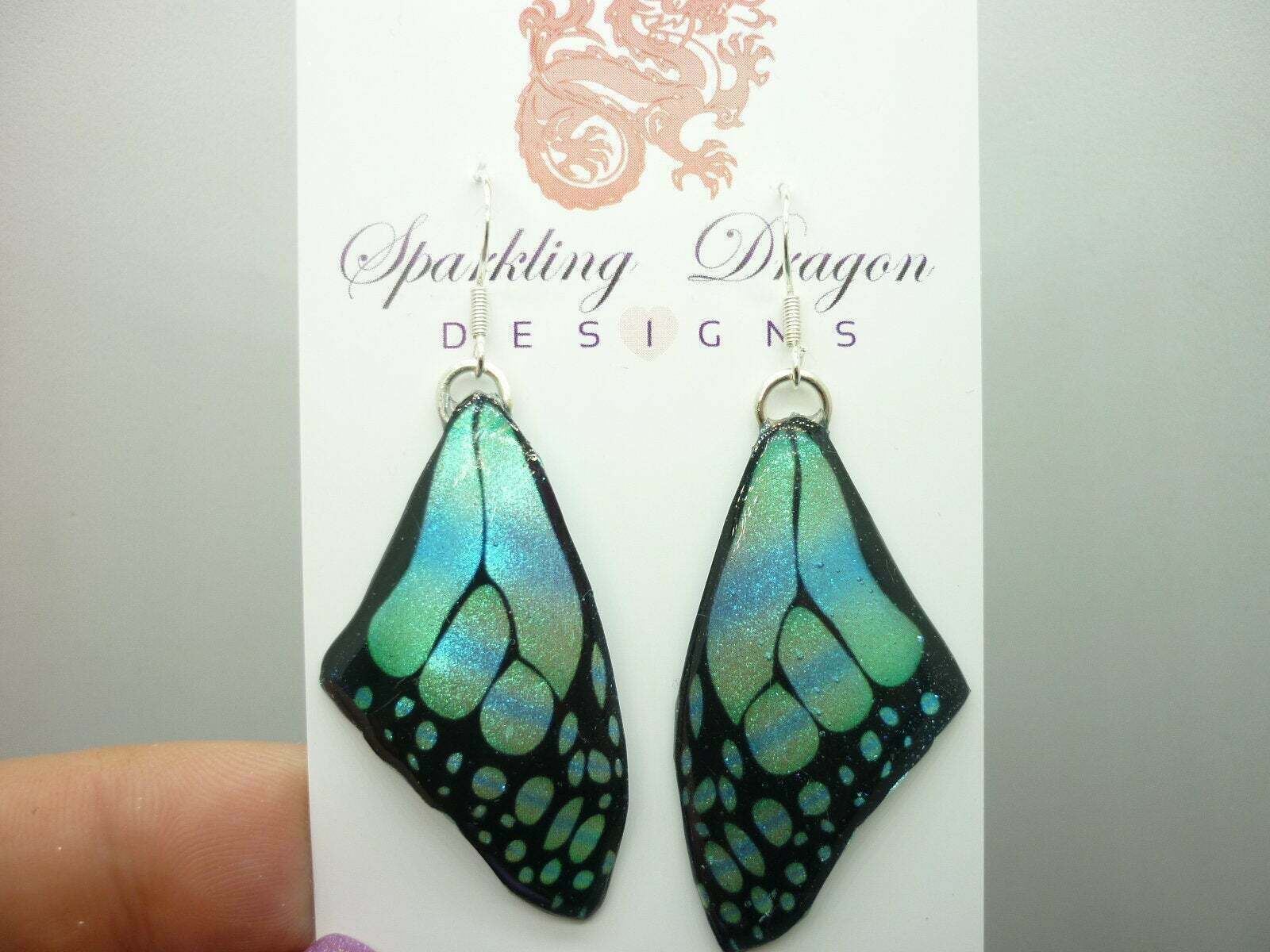 Butterfly Wing Medium Size Earrings Soft Blue Stained Glass- Fairy Jewellery - Image 5