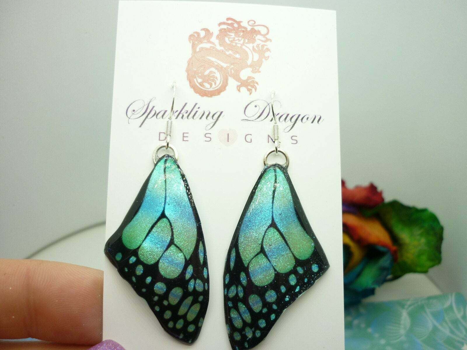 Butterfly Wing Medium Size Earrings Soft Blue Stained Glass- Fairy Jewellery - Image 6