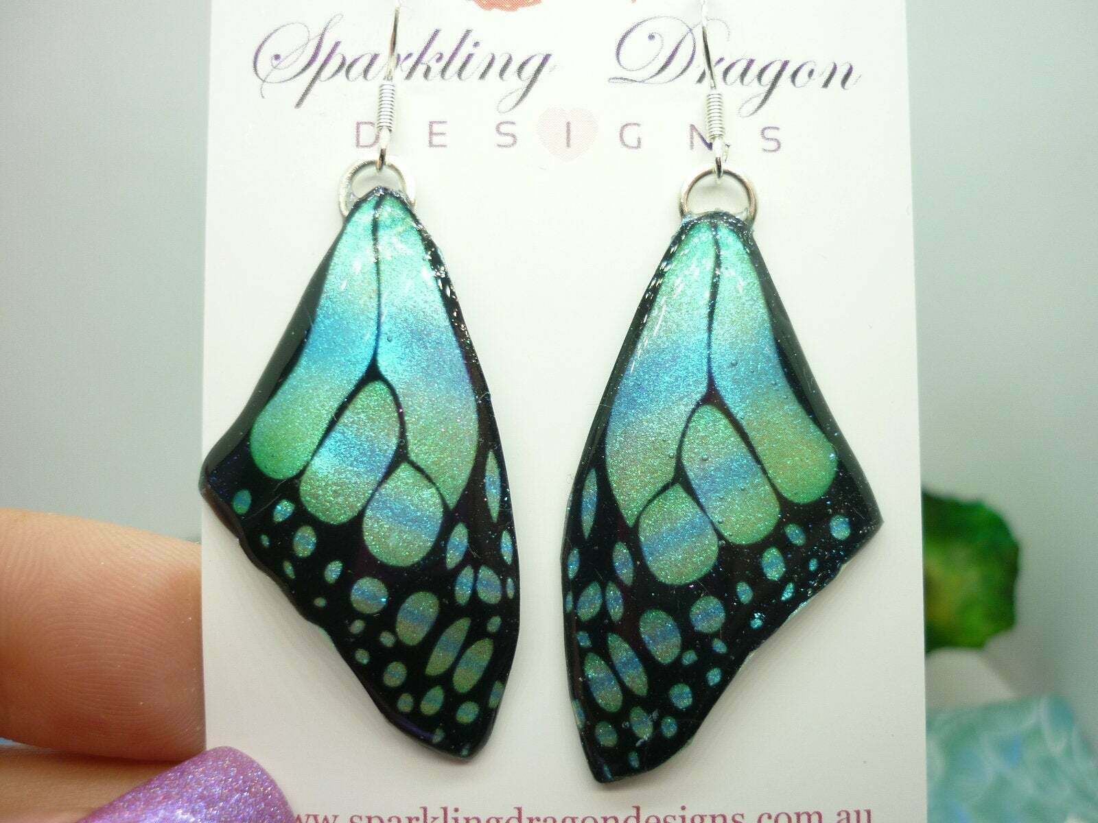 Butterfly Wing Medium Size Earrings Soft Blue Stained Glass- Fairy Jewellery - Image 7
