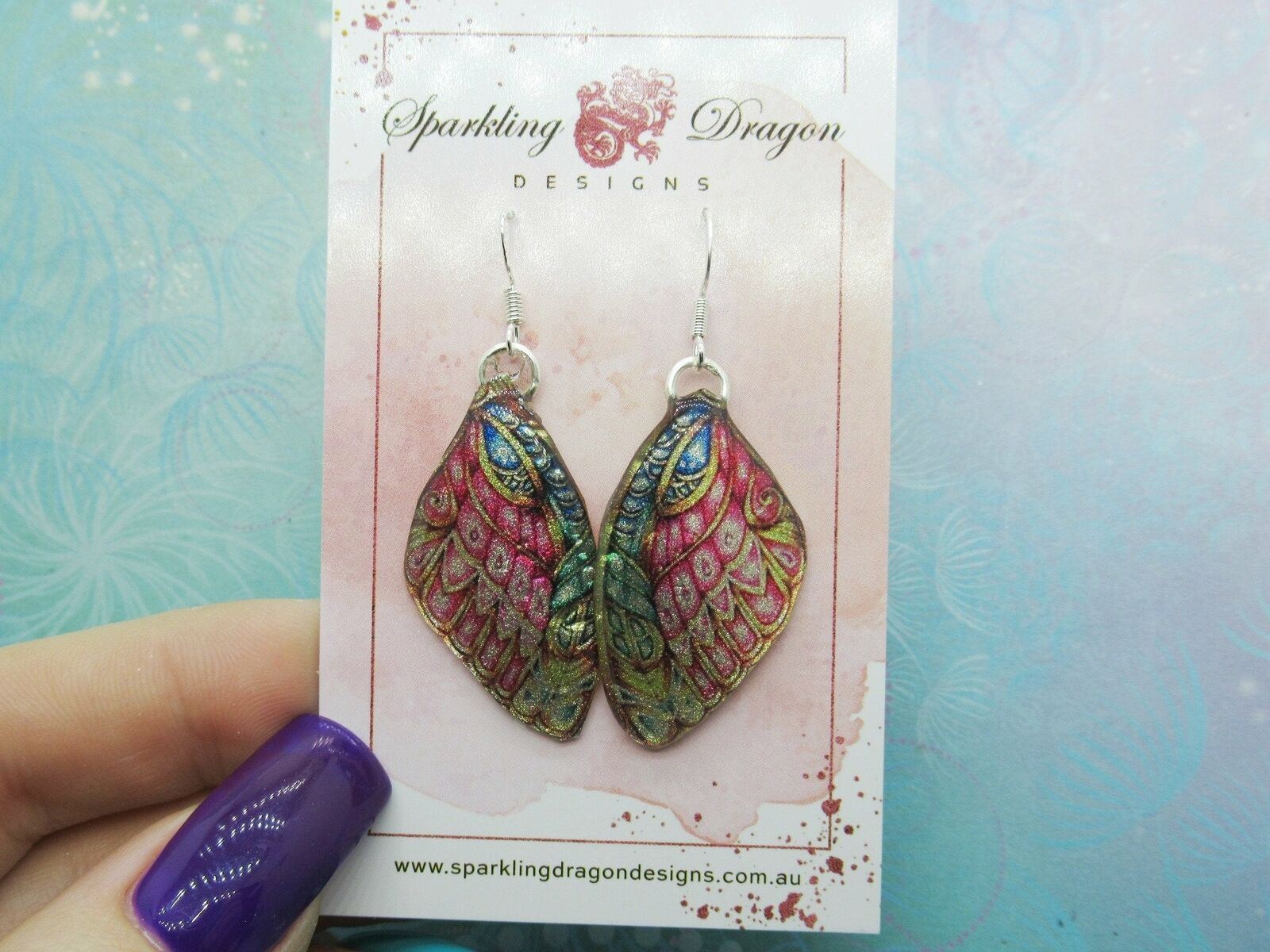 Earth Goddess Butterfly Earrings Stained Glass Pink, Blue & Gold Fairy Jewellery - Image 2