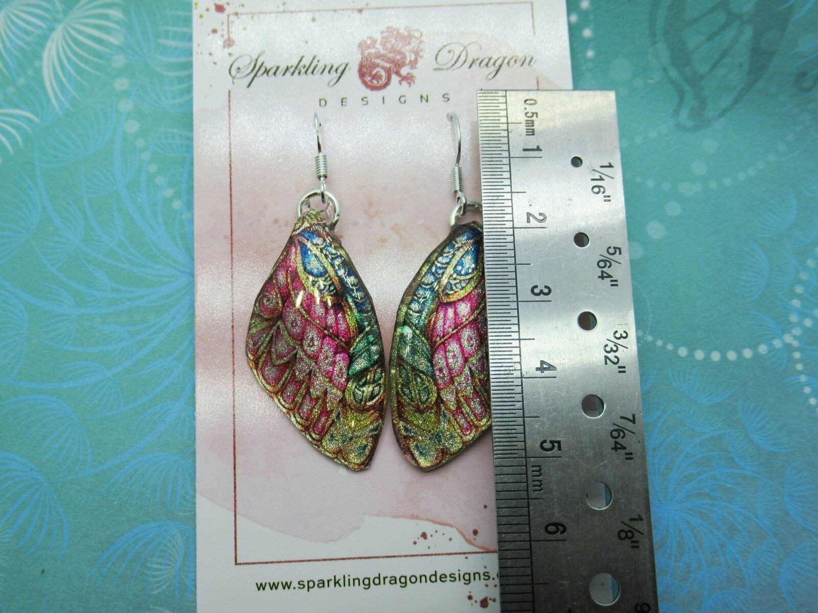 Earth Goddess Butterfly Earrings Stained Glass Pink, Blue & Gold Fairy Jewellery - Image 3