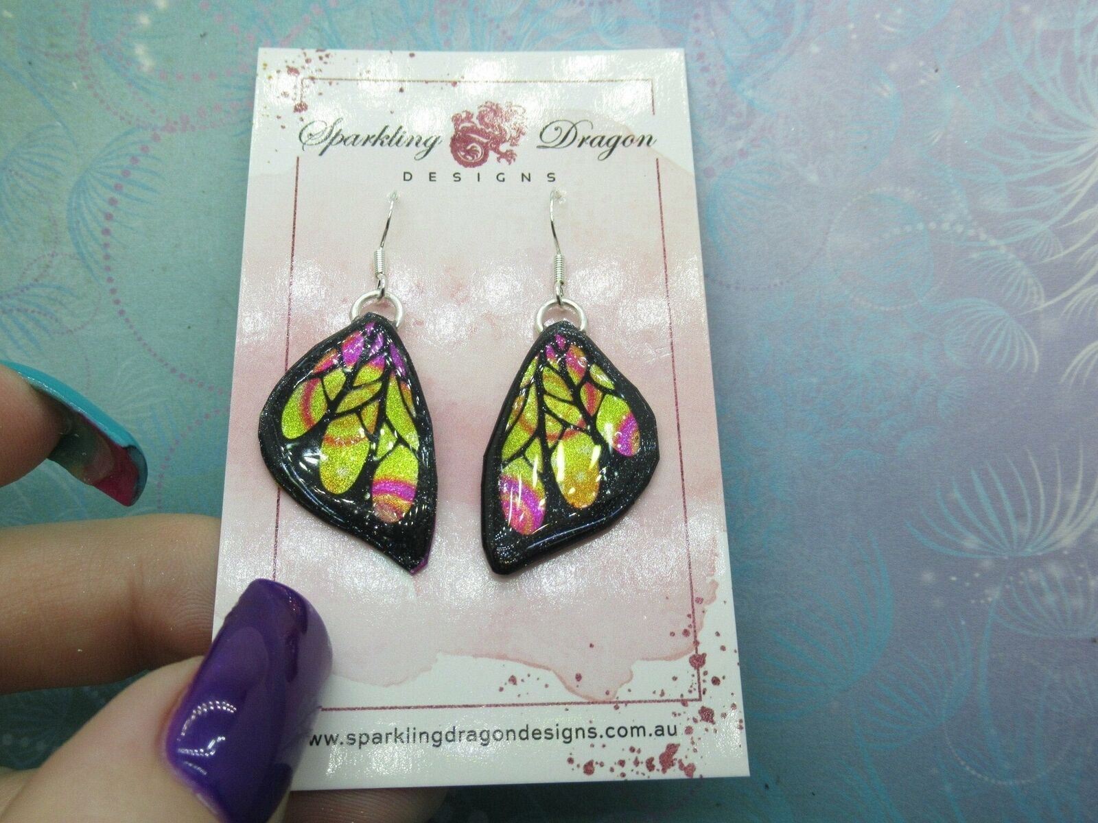 Butterfly Wing Earrings Swirling Yellow & Pink - Fairy Jewellery, Fun Gift