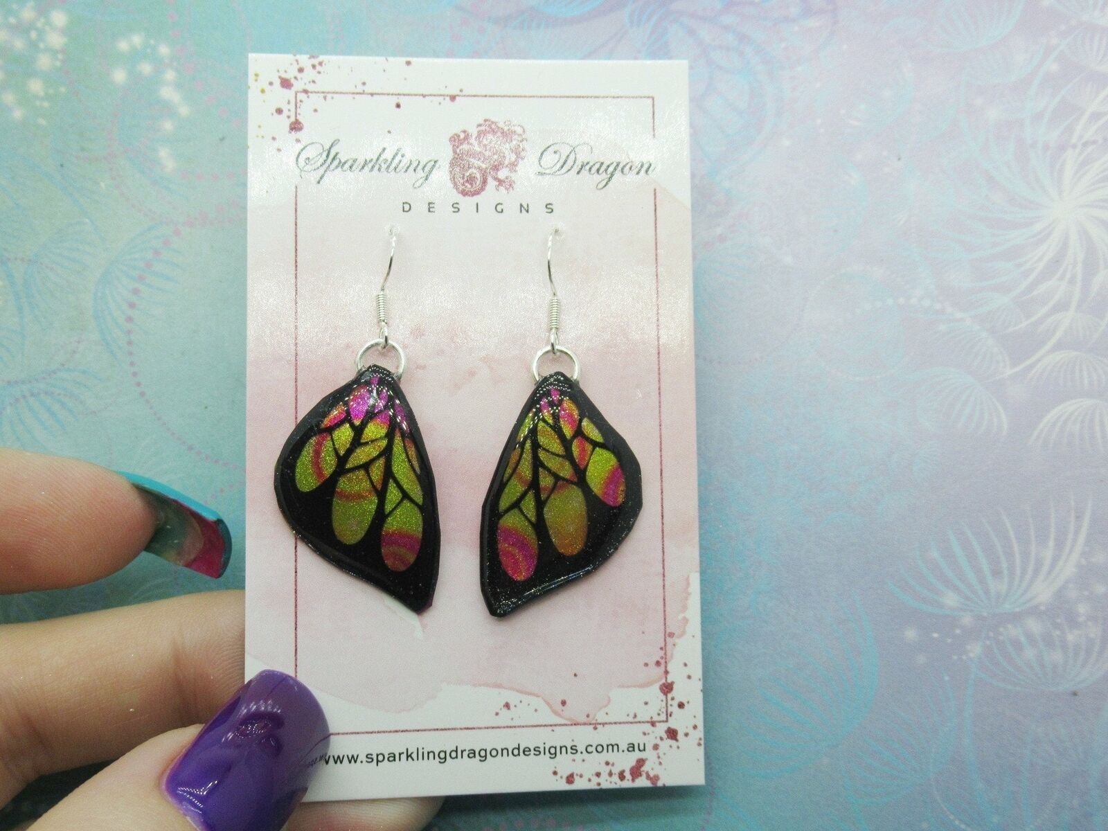 Butterfly Wing Earrings Swirling Yellow & Pink - Fairy Jewellery, Fun Gift - Image 2