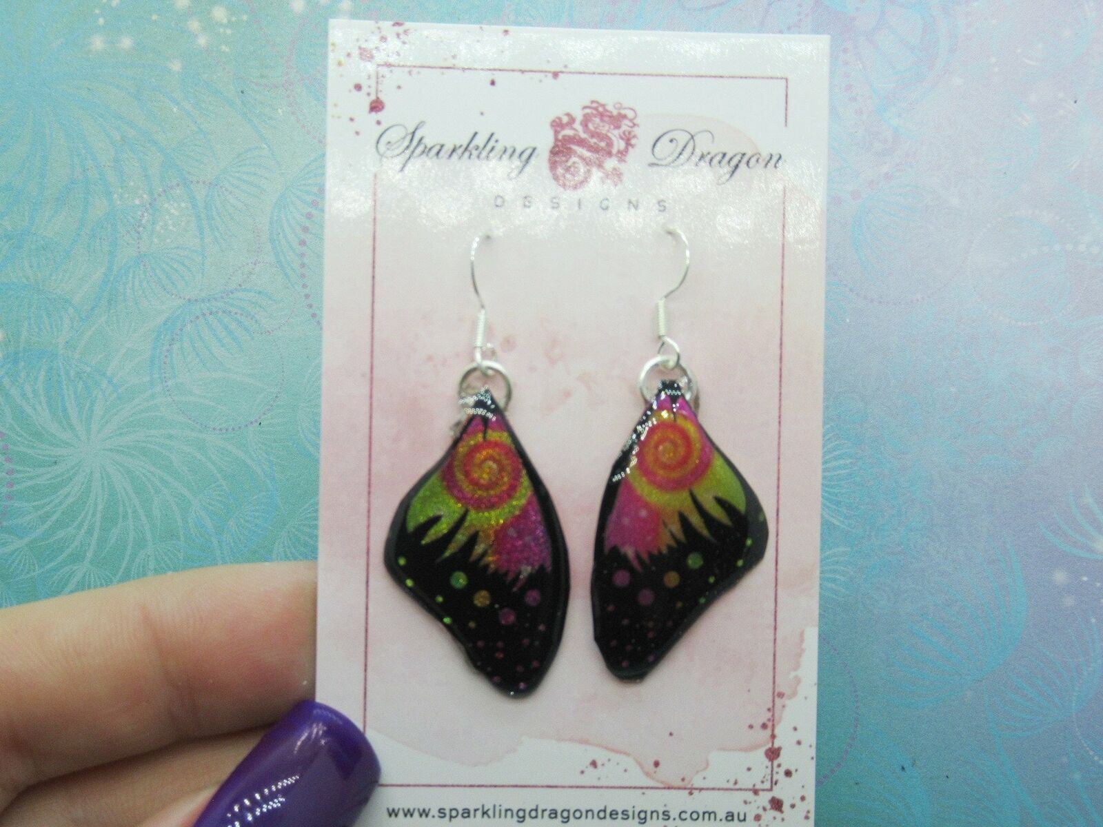 Butterfly Wing Earrings Swirling Pink & Yellow - Fairy Jewellery, Fun Gift - Image 2