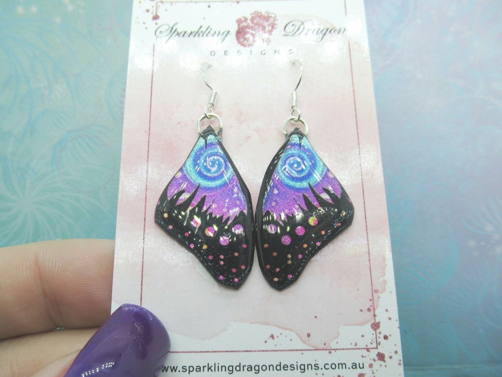 Butterfly Wings Earrings Blue Swirl and Pink - Fairy Jewellery