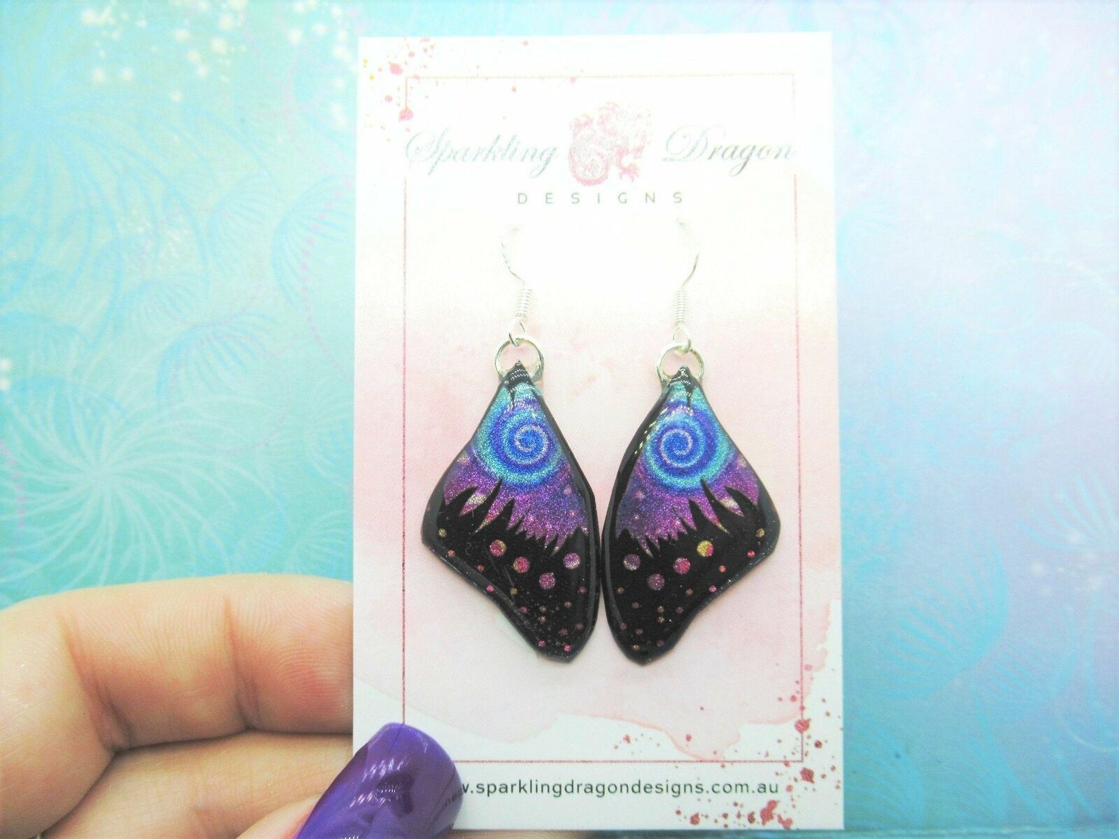 Butterfly Wings Earrings Blue Swirl and Pink - Fairy Jewellery - Image 2