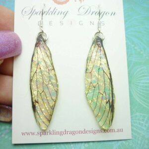 Dragonfly Cicada Butterfly Yellow Gold & Green Shimmer Earrings