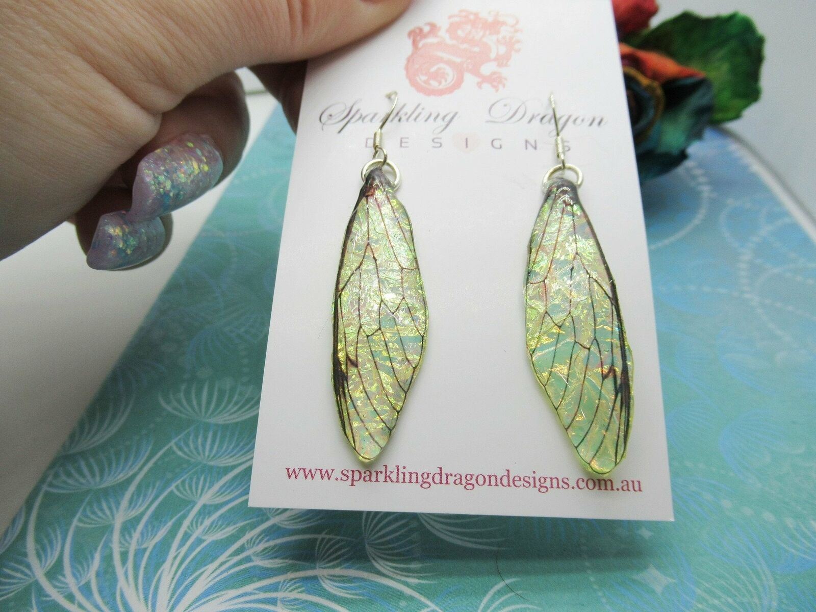 Dragonfly Cicada Butterfly Yellow Gold & Green Shimmer Earrings - Image 2