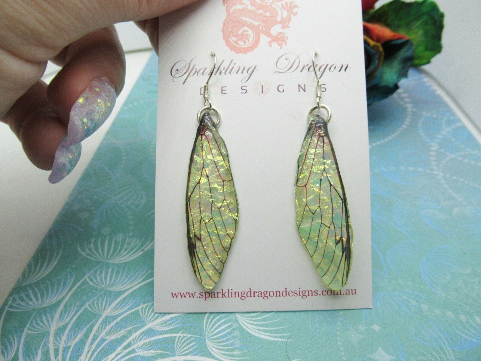 Dragonfly Cicada Butterfly Yellow Gold & Green Shimmer Earrings - Image 3