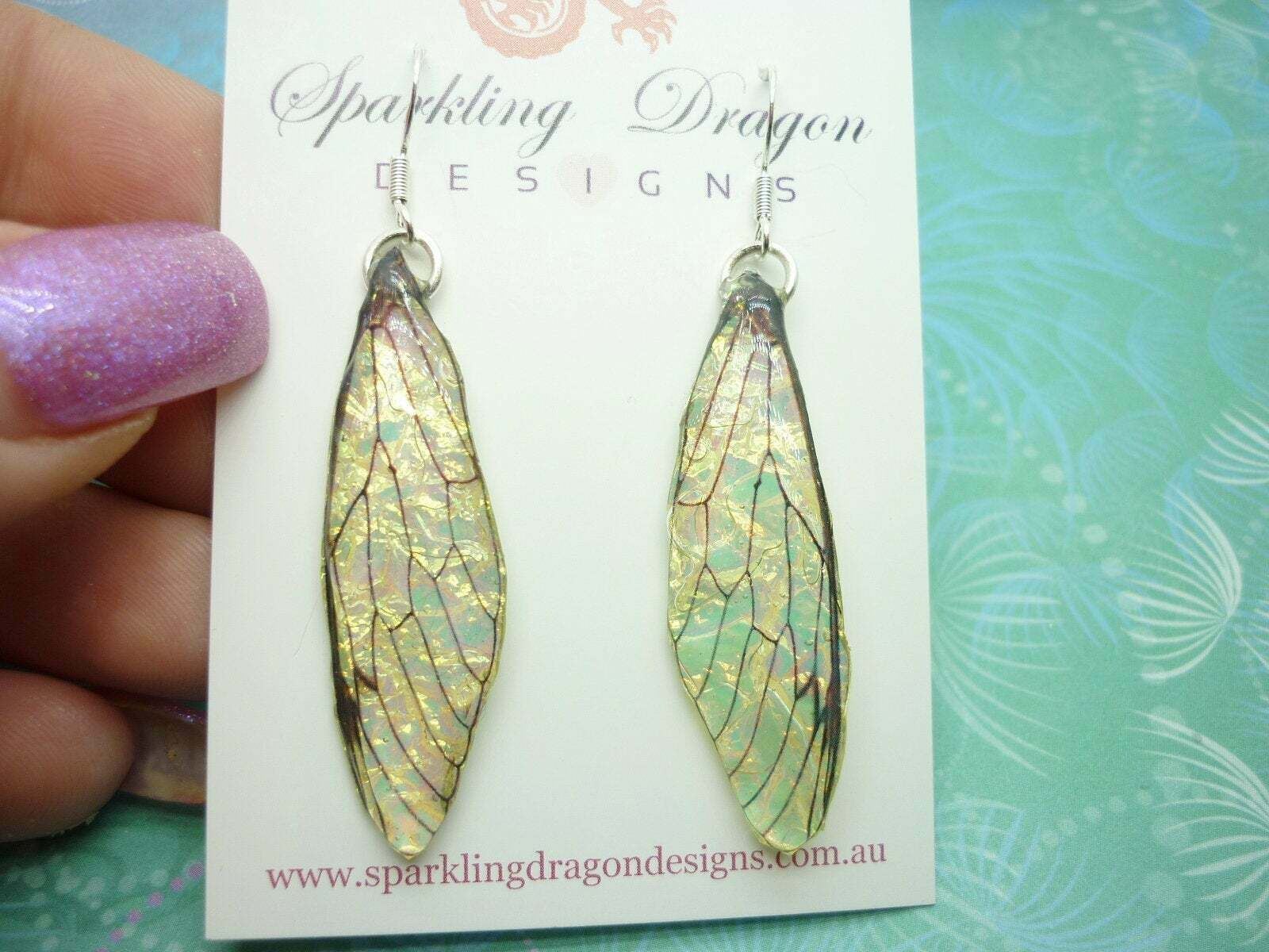Dragonfly Cicada Butterfly Yellow Gold & Green Shimmer Earrings - Image 4