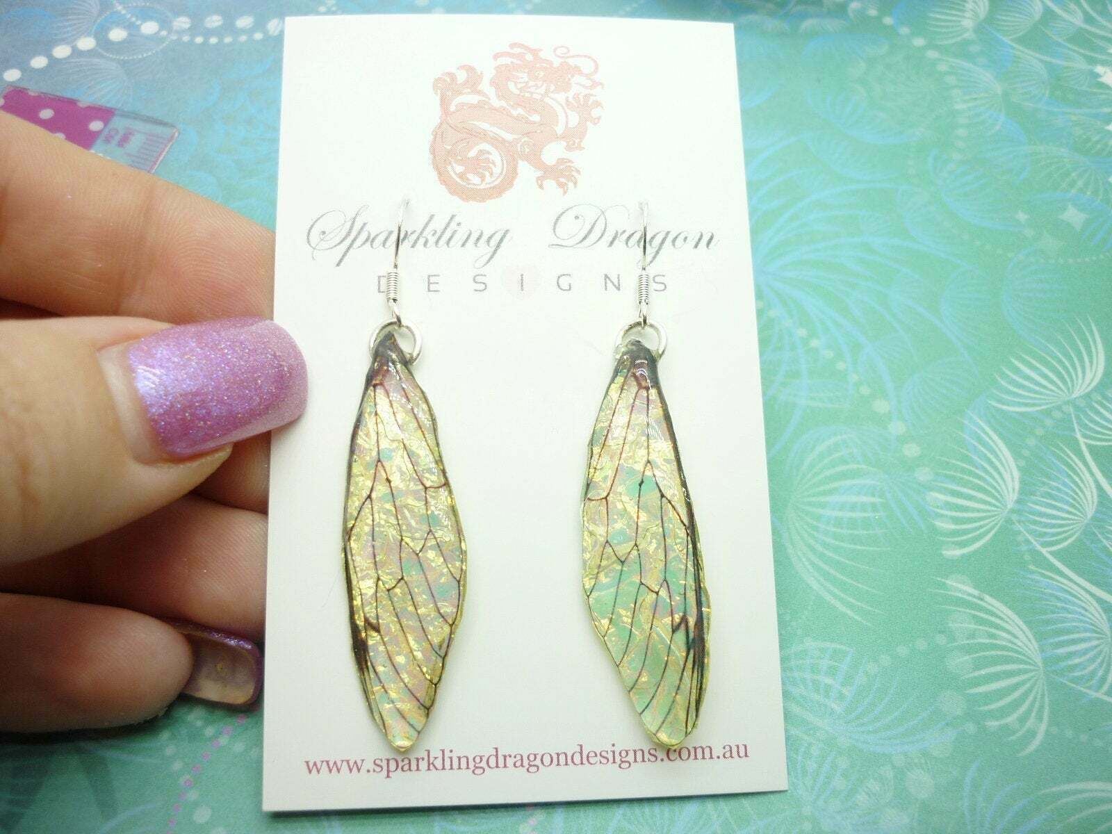 Dragonfly Cicada Butterfly Yellow Gold & Green Shimmer Earrings - Image 6