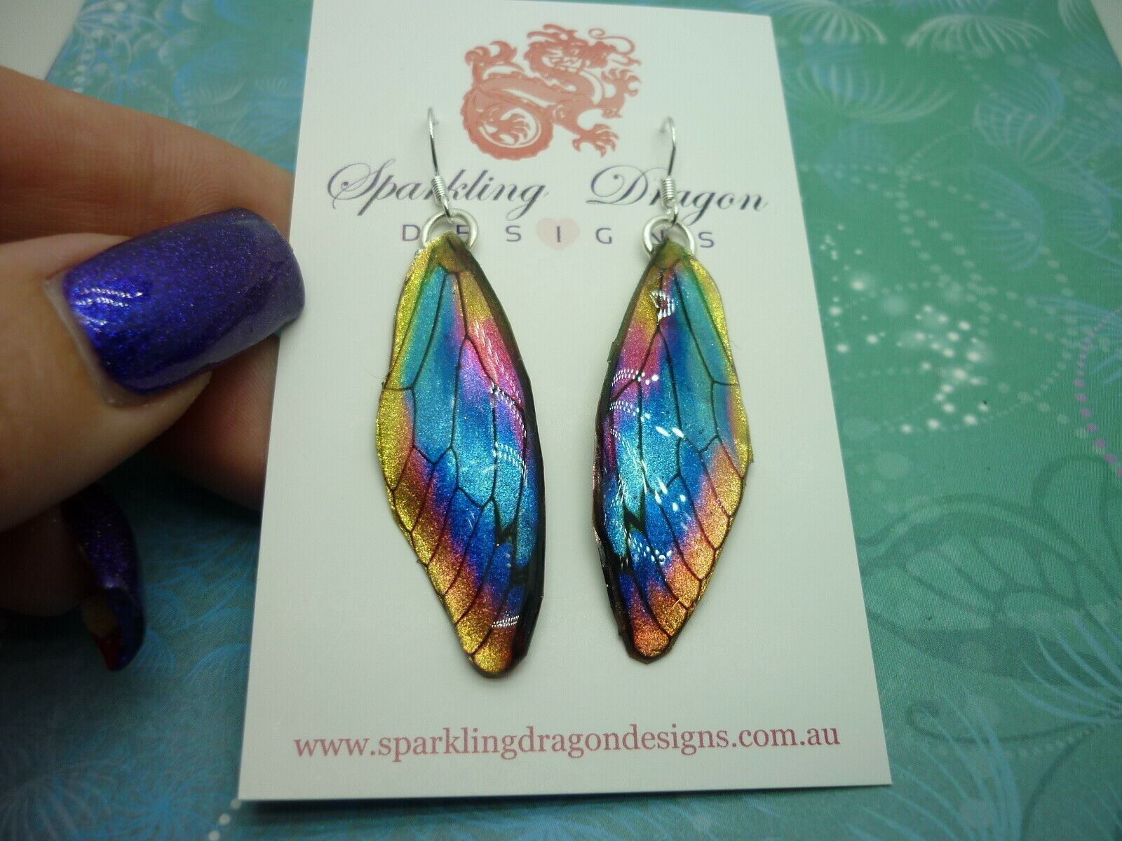 Butterfly Wing Earrings Rainbow - Sparkly Boho Fairy Jewellery unique present - Image 2