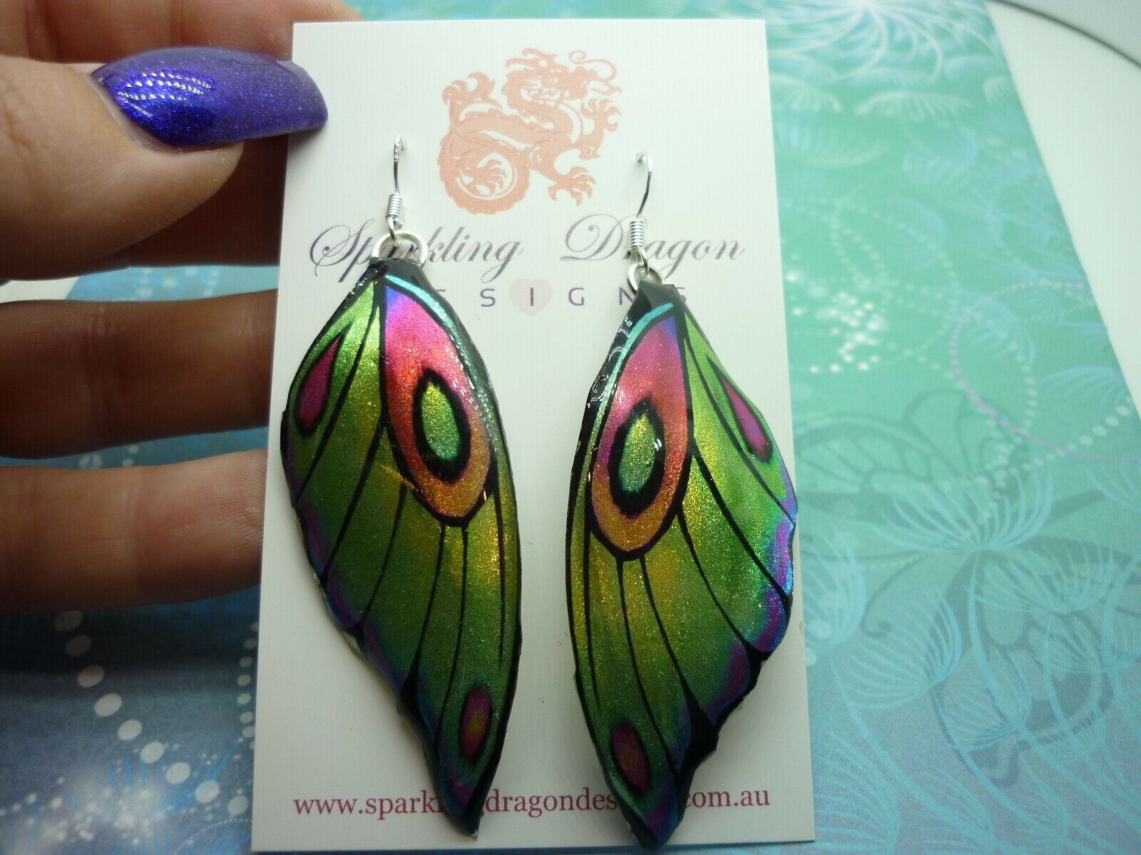 Butterfly Wing Earrings Rainbow - Sparkly Boho Fairy Jewellery unique gift Green - Image 2