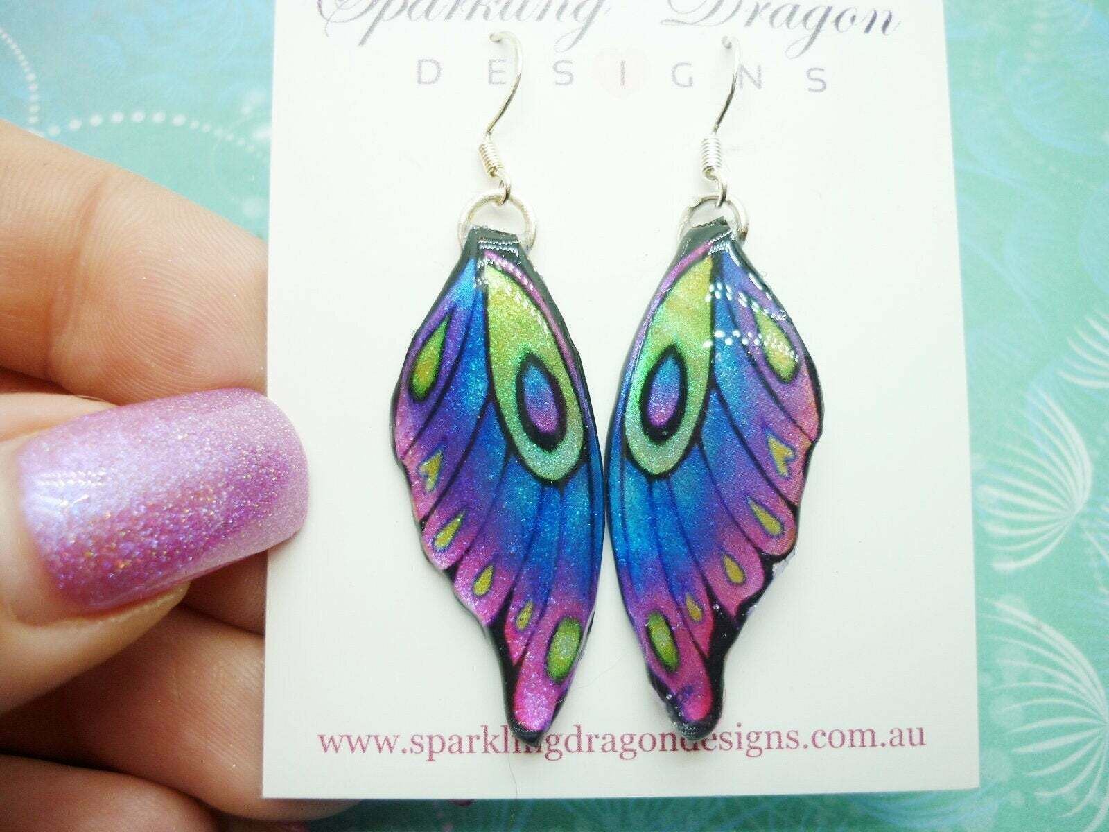 Butterfly Wing Earrings - Blue Purple Green Fun and Whimsical Fairy Jewellery - Image 2