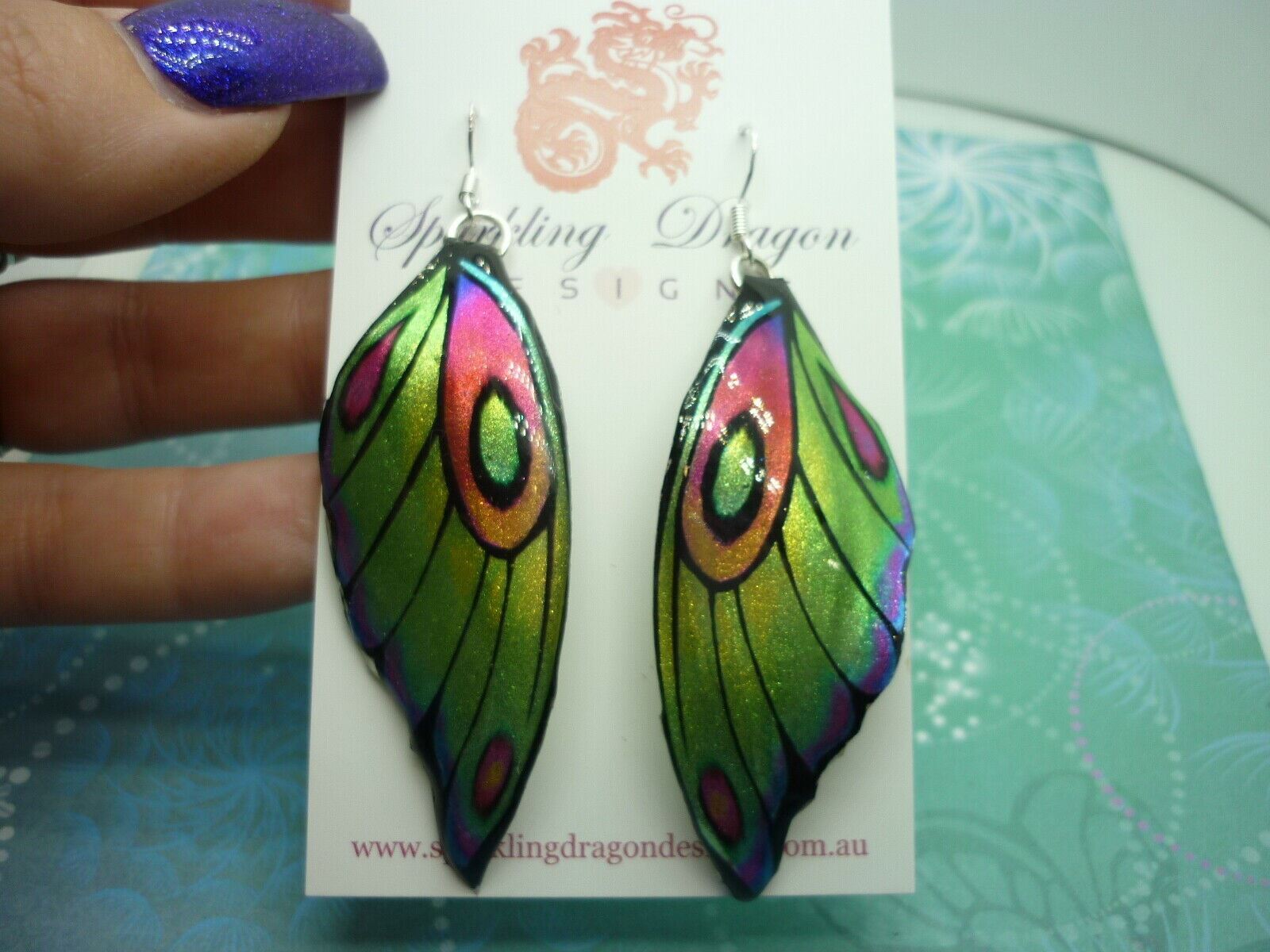 Butterfly Wing Earrings Rainbow - Sparkly Boho Fairy Jewellery unique gift Green - Image 3