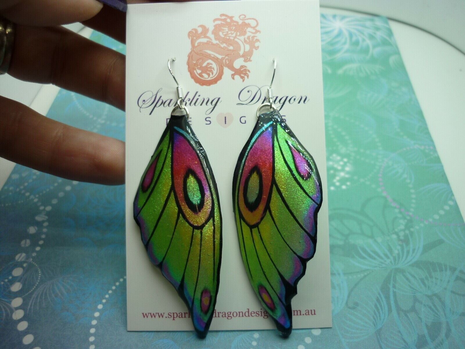 Butterfly Wing Earrings Rainbow - Sparkly Boho Fairy Jewellery unique gift Green - Image 4
