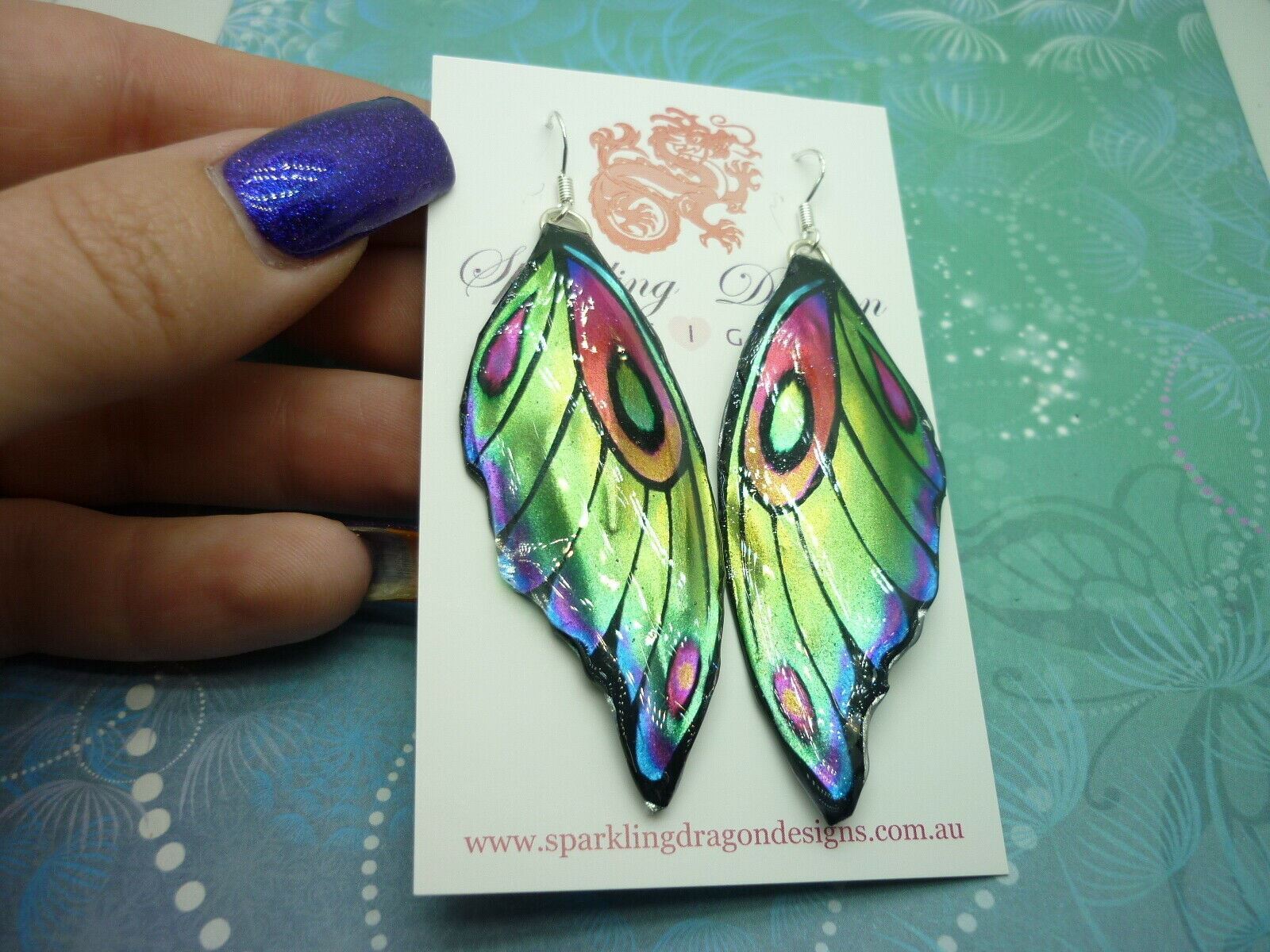 Butterfly Wing Earrings Rainbow - Sparkly Boho Fairy Jewellery unique gift Green - Image 5