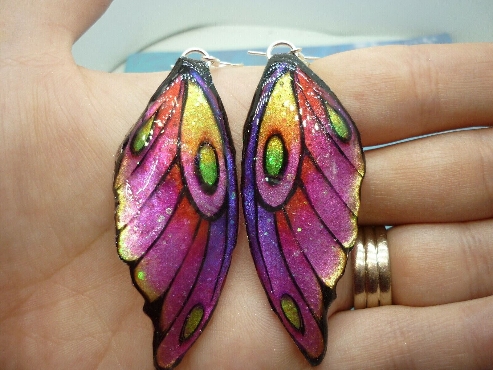 Butterfly Wing Earrings Rainbow - Sparkly Boho Fairy Jewellery unique gift Pink