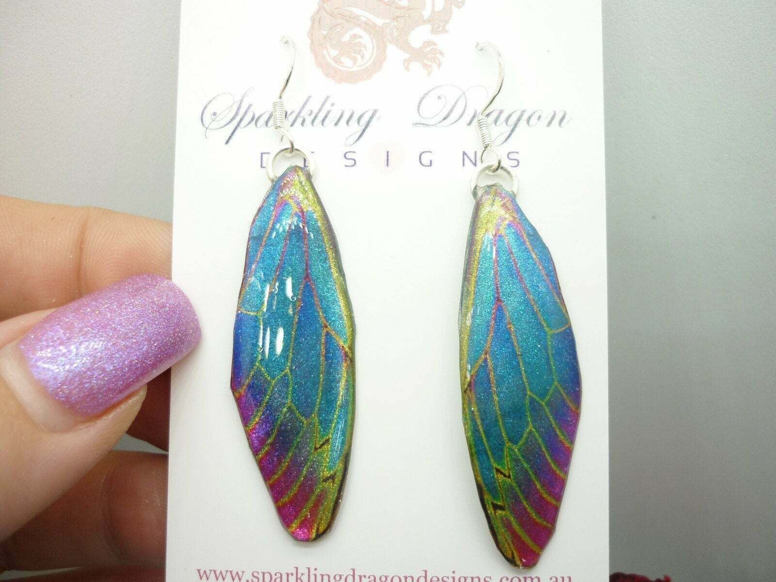 Blue & Red Butterfly Wing Earrings with Green Lines: Fun and Whimsical Fairy