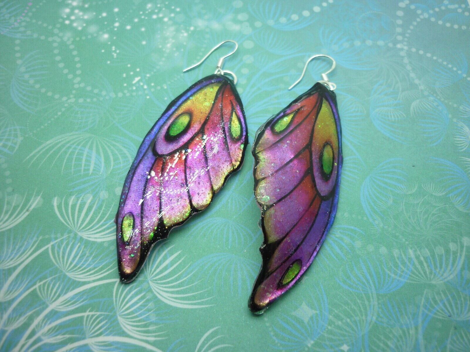 Butterfly Wing Earrings Rainbow - Sparkly Boho Fairy Jewellery unique gift Pink - Image 2