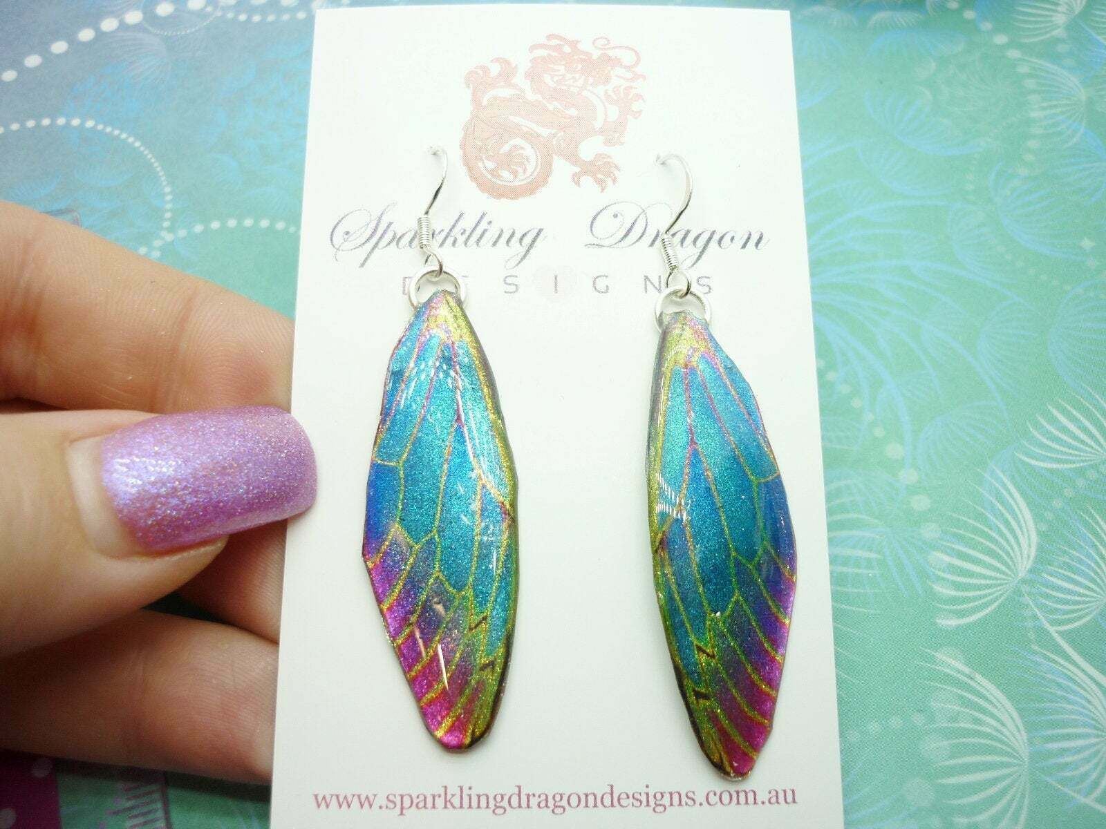 Blue & Red Butterfly Wing Earrings with Green Lines: Fun and Whimsical Fairy - Image 2