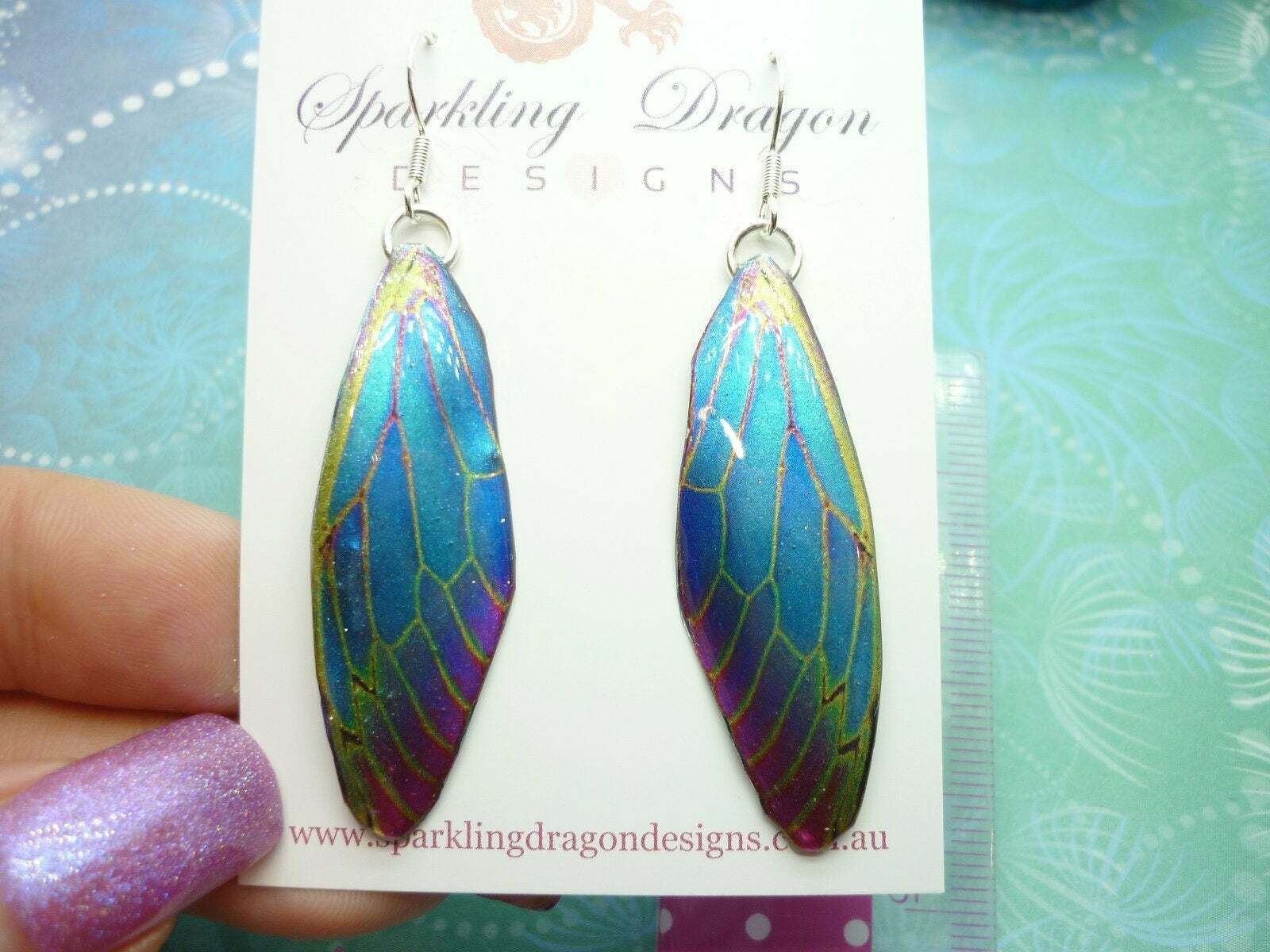 Blue & Red Butterfly Wing Earrings with Green Lines: Fun and Whimsical Fairy - Image 3