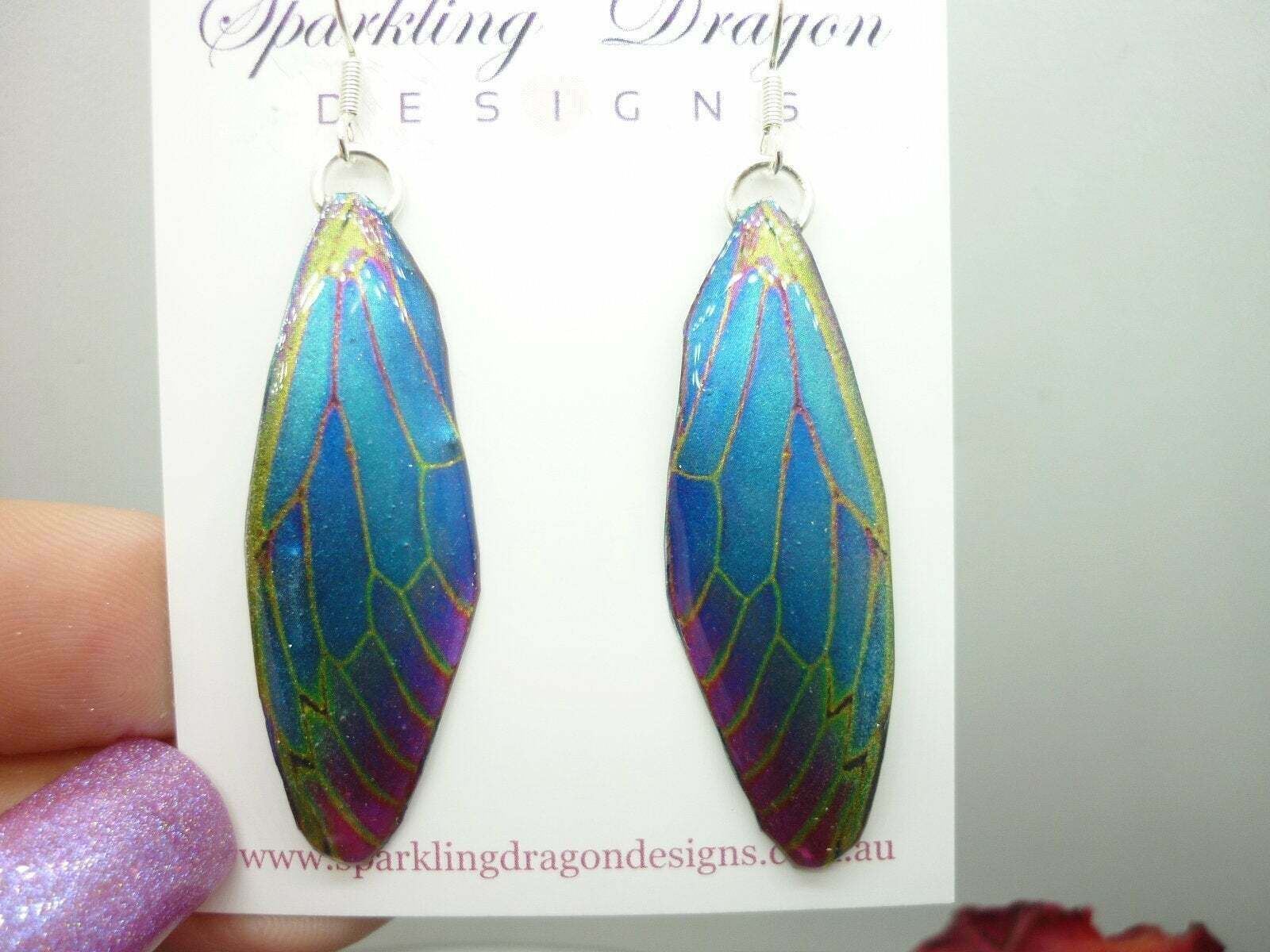 Blue & Red Butterfly Wing Earrings with Green Lines: Fun and Whimsical Fairy - Image 4