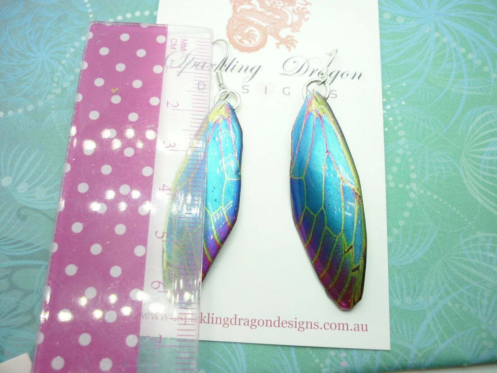 Blue & Red Butterfly Wing Earrings with Green Lines: Fun and Whimsical Fairy - Image 6