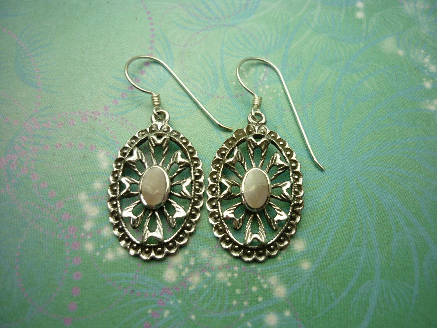 Vintage Sterling Silver Earrings - Pink Shell - Flower - 925