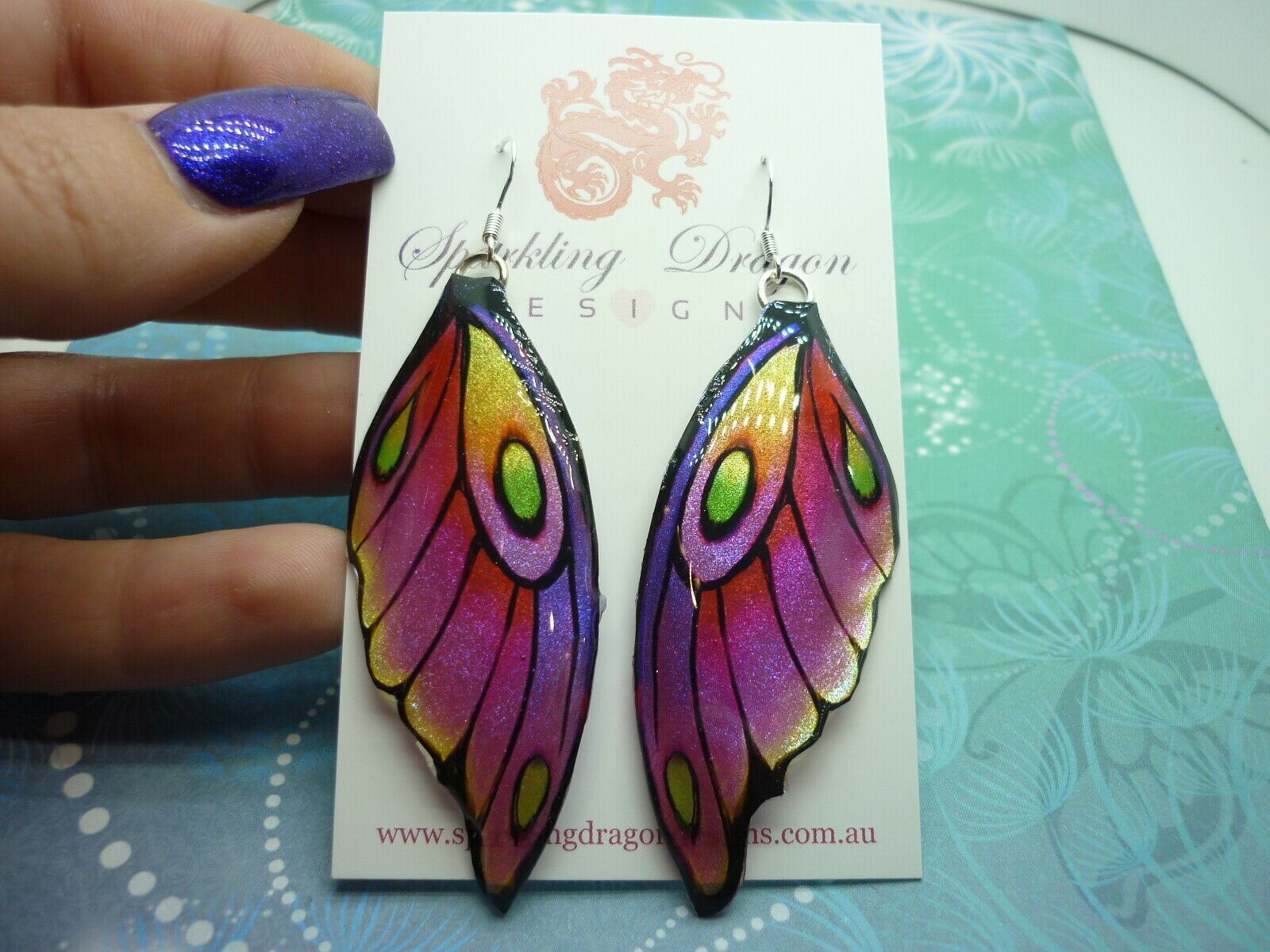 Butterfly Wing Earrings Rainbow - Sparkly Boho Fairy Jewellery unique gift Pink - Image 7